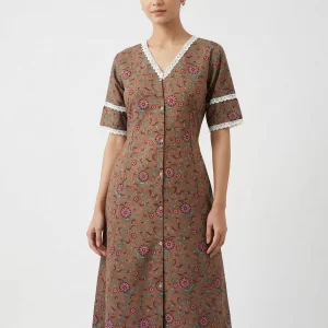 Elegant V-Neck Floral Straight Fit Kurti