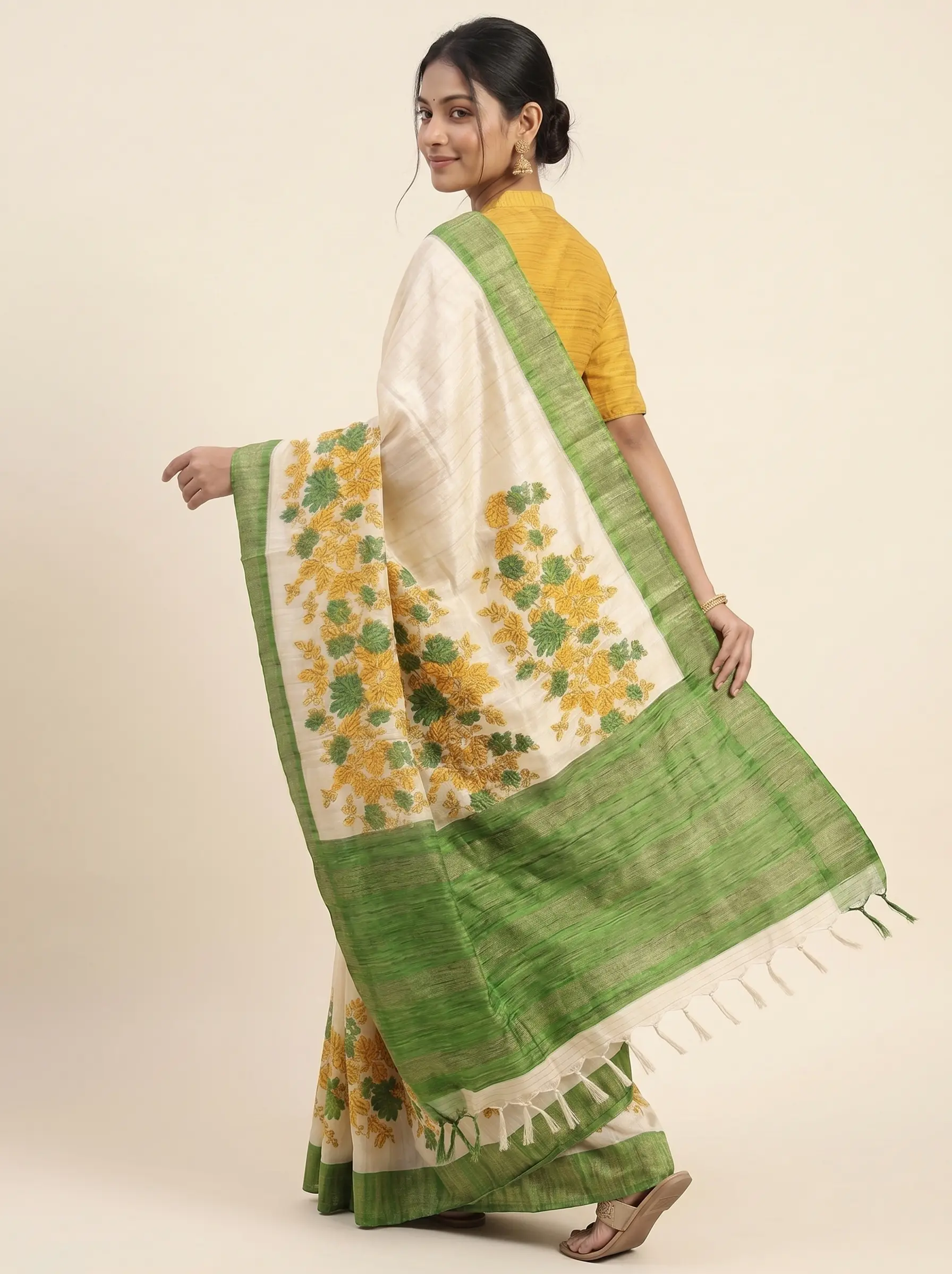 Gicha Silk Saree with Green Border & Floral Hand Print - Image 3