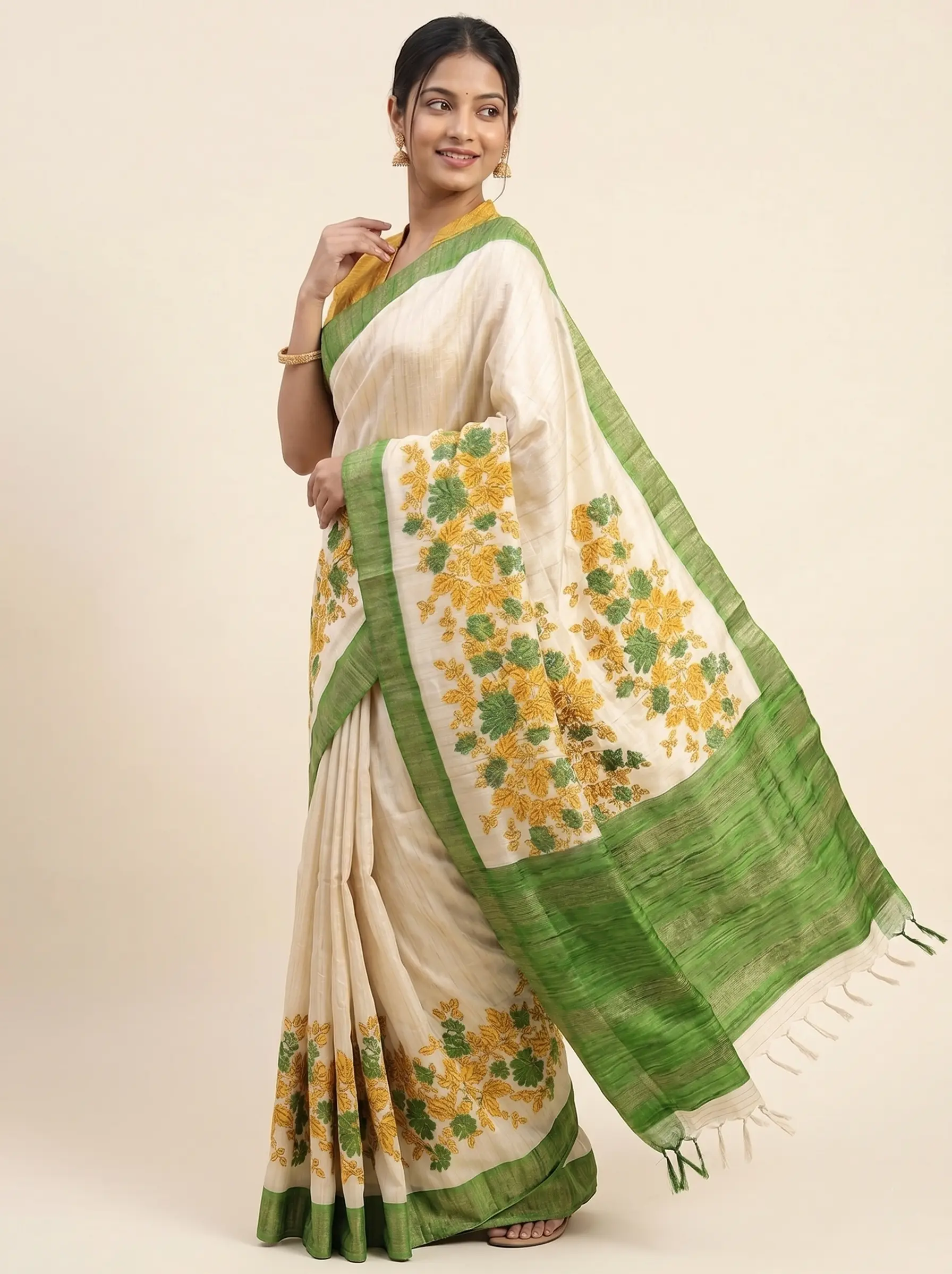 Gicha Silk Saree with Green Border & Floral Hand Print - Image 2