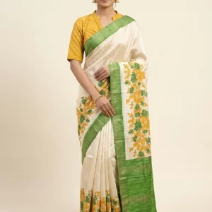 Gicha Silk Saree with Green Border & Floral Hand Print