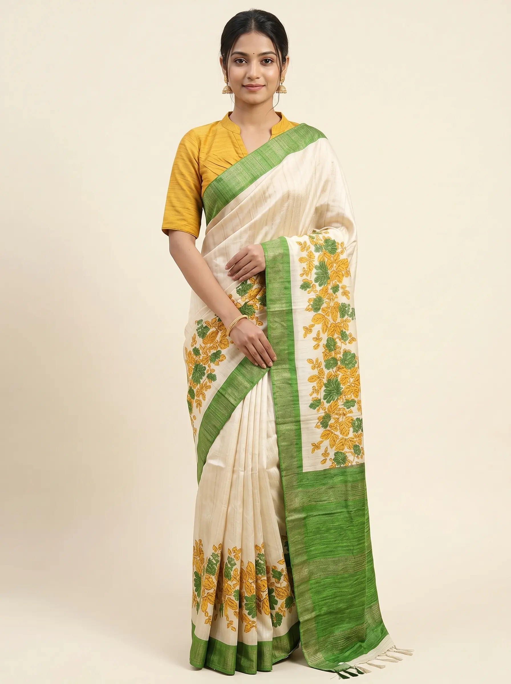 Gicha Silk Saree with Green Border & Floral Hand Print