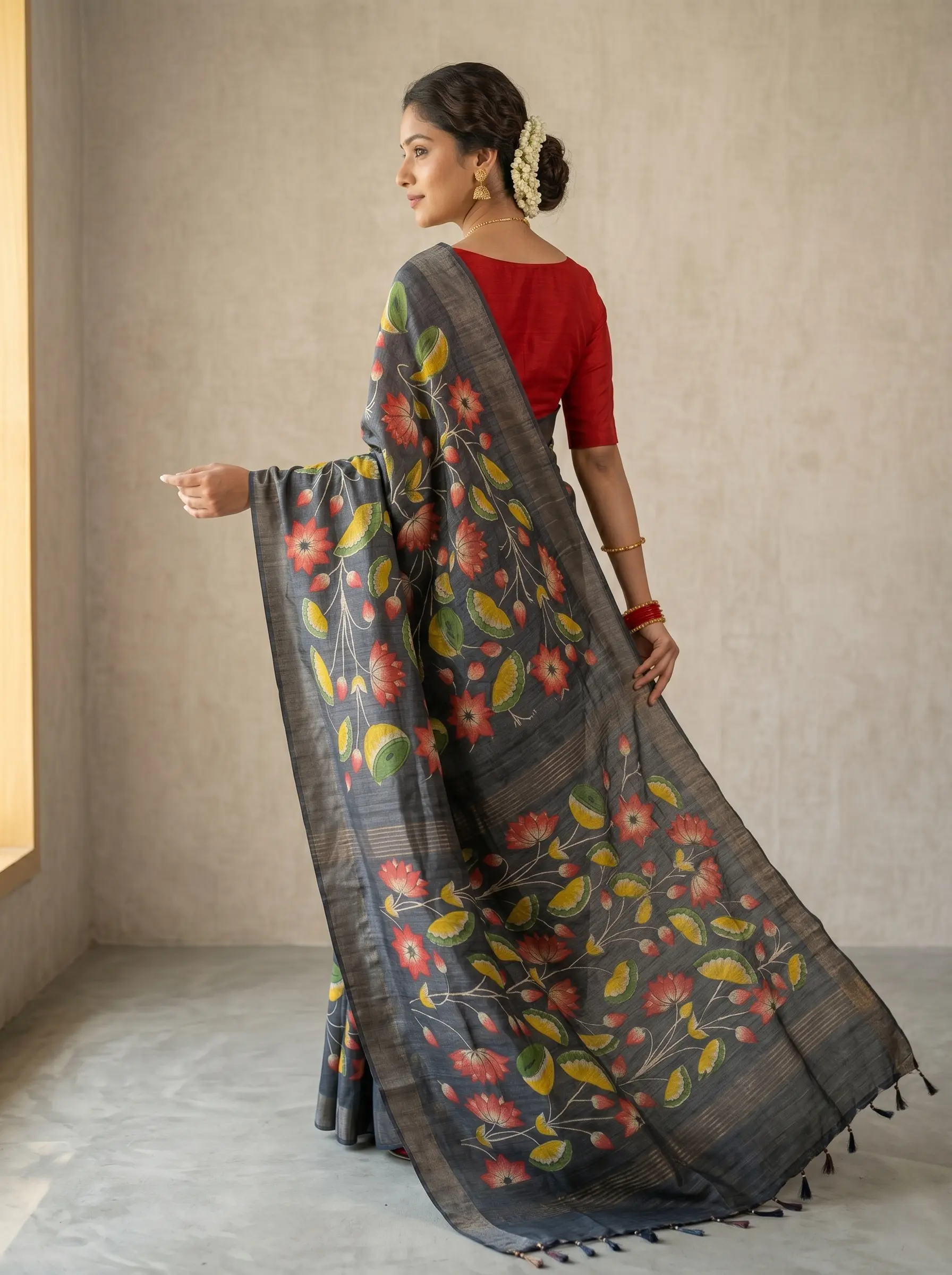 Charcoal Grey Silk Saree with Multicolor Floral Print - Image 2