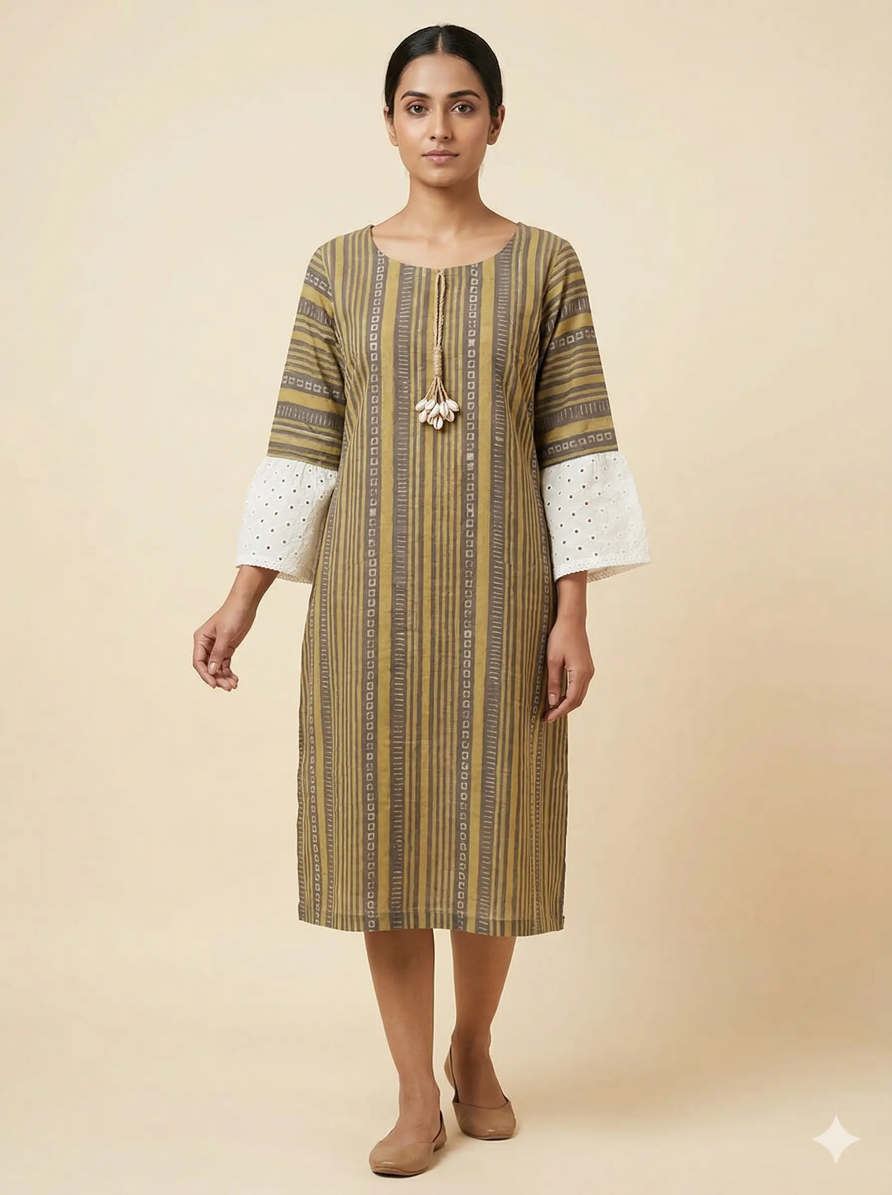 Women’s Olive Striped Cotton Straight Kurti with Eyelet Bell Sleeves - Image 2