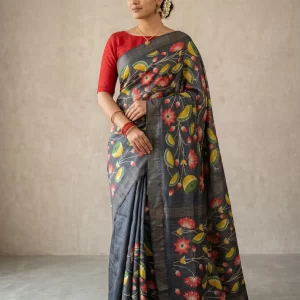 Charcoal Grey Silk Saree with Multicolor Floral Print