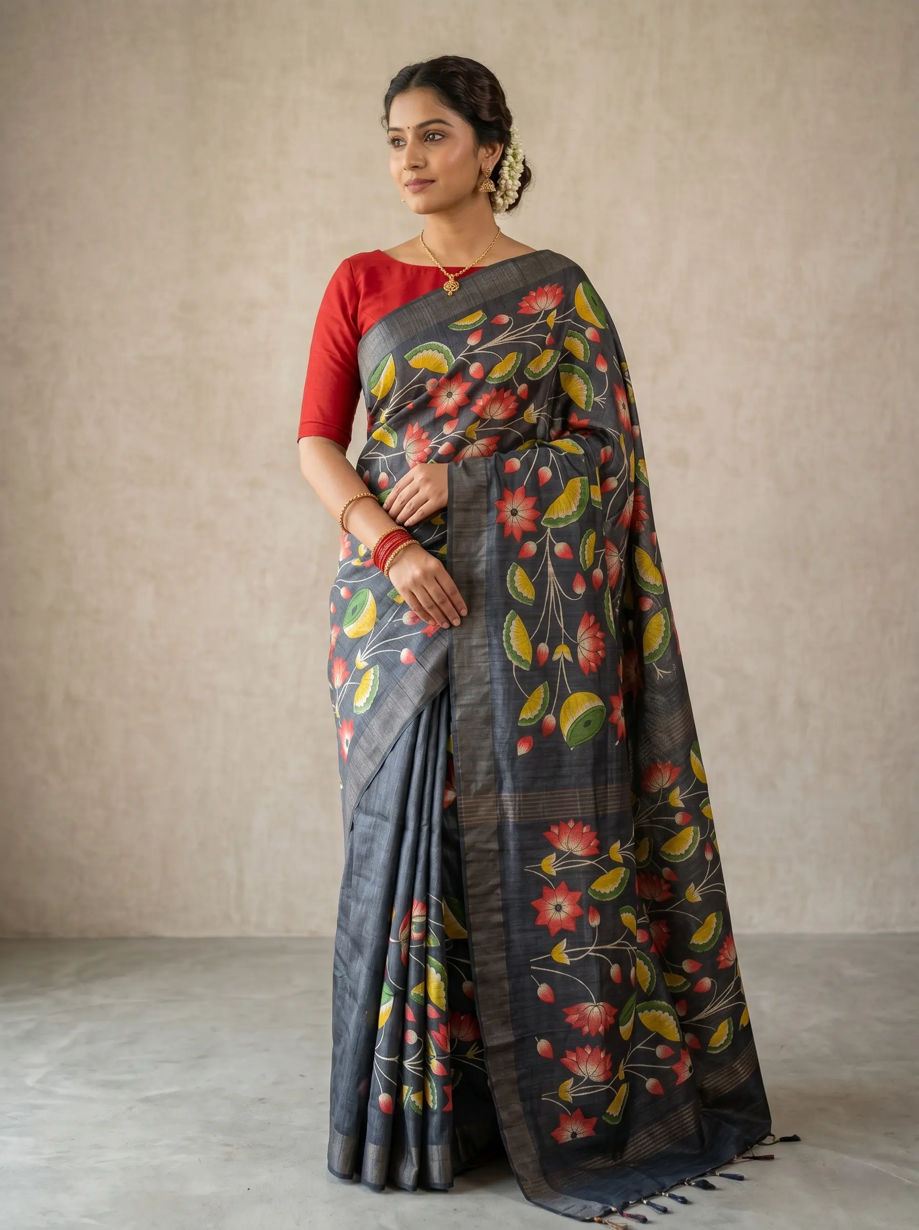 Charcoal Grey Silk Saree with Multicolor Floral Print
