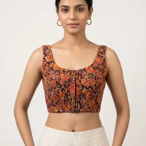 Kalamkari Printed Sleeveless Cotton Blouse with Pleated Bust & Deep V-Back