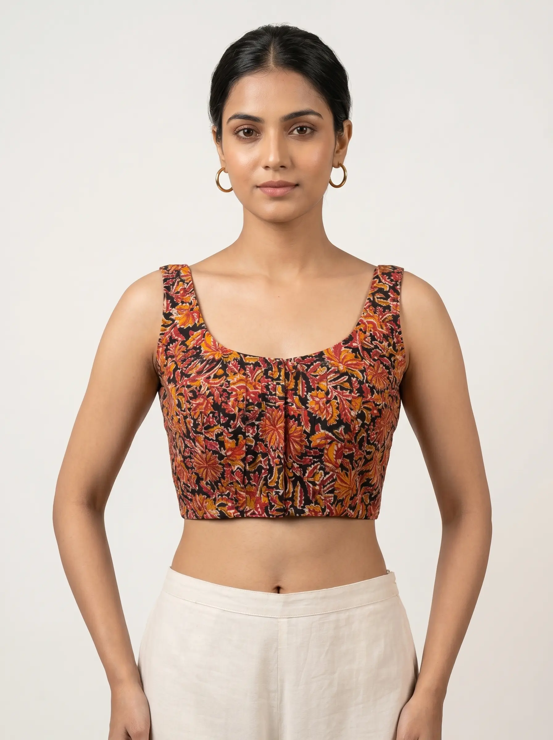 Kalamkari Printed Sleeveless Cotton Blouse with Pleated Bust & Deep V-Back