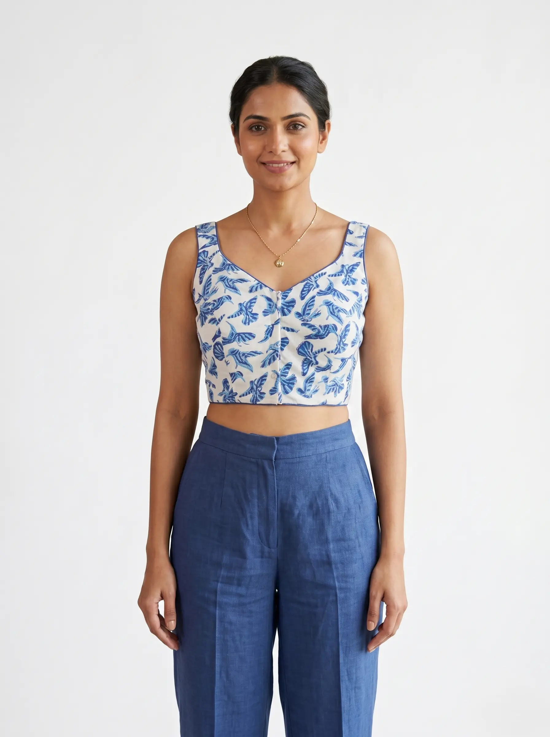 Azure Aviary Cotton Blouse – Breezy Printed Elegance