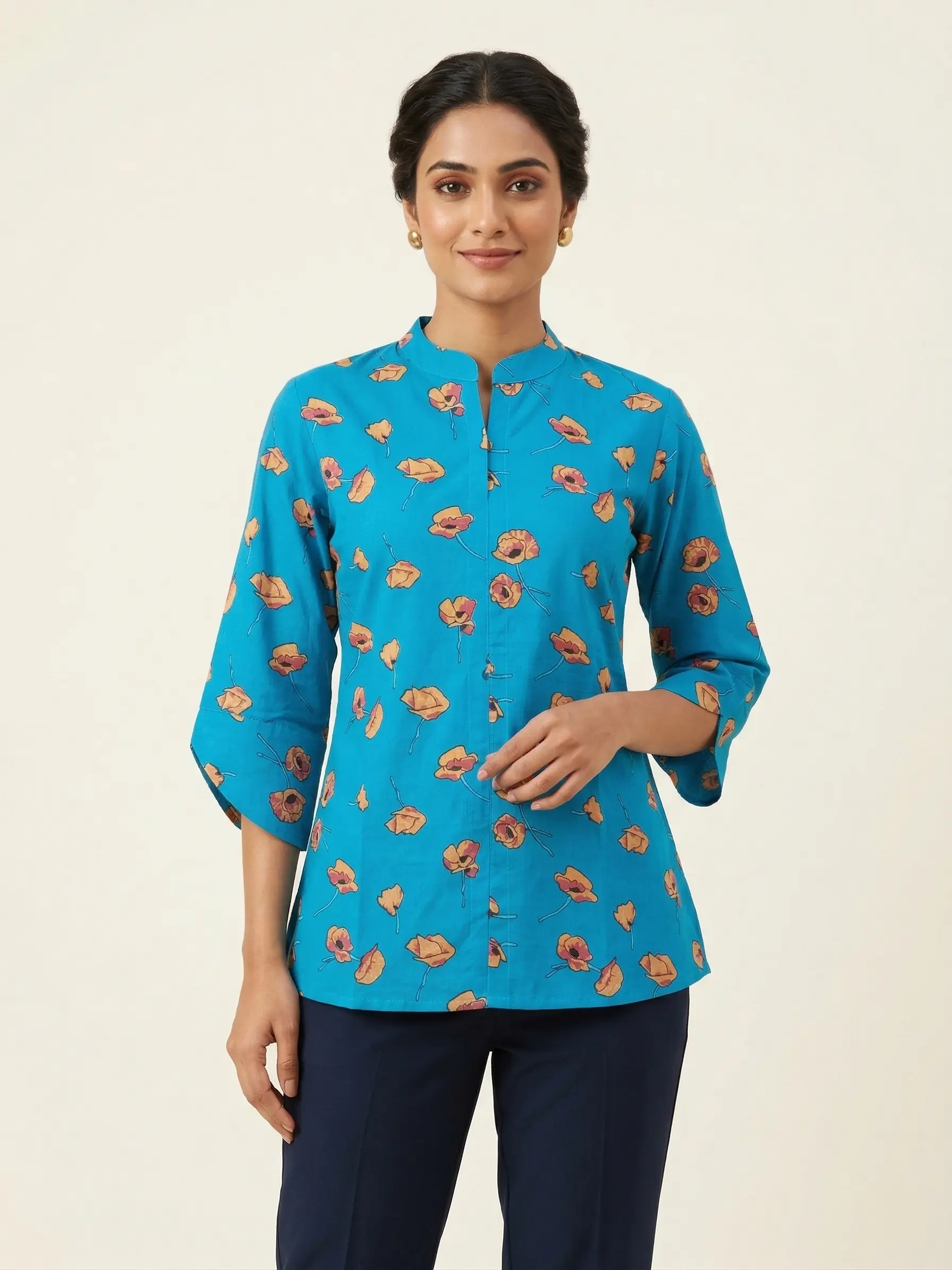Short Cotton Ajrakh Floral Print Top for Women