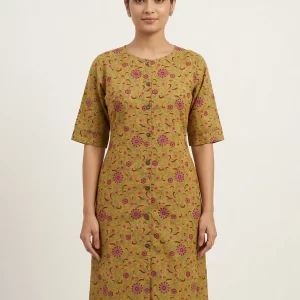 Women’s Elegant Floral Print Soft Cotton Straight Kurti with U-Neck
