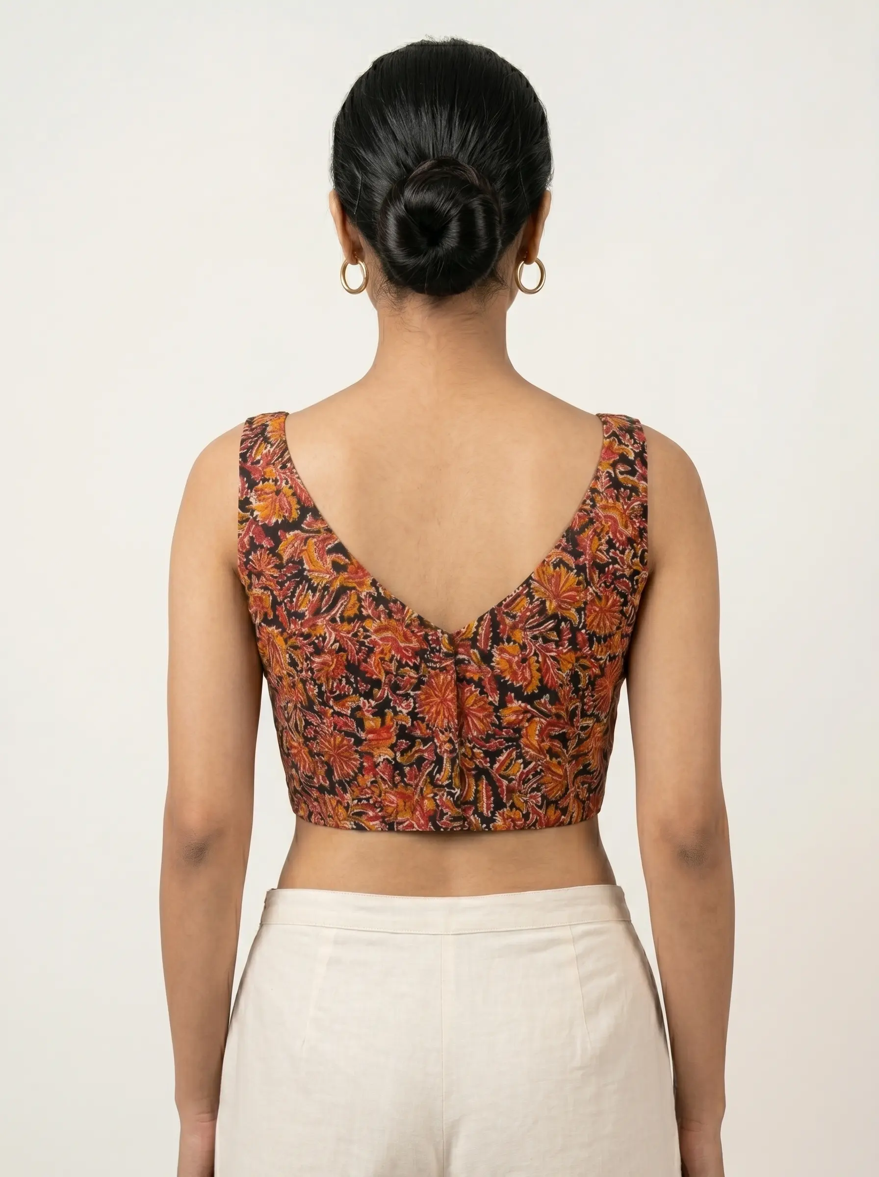 Kalamkari Printed Sleeveless Cotton Blouse with Pleated Bust & Deep V-Back - Image 2
