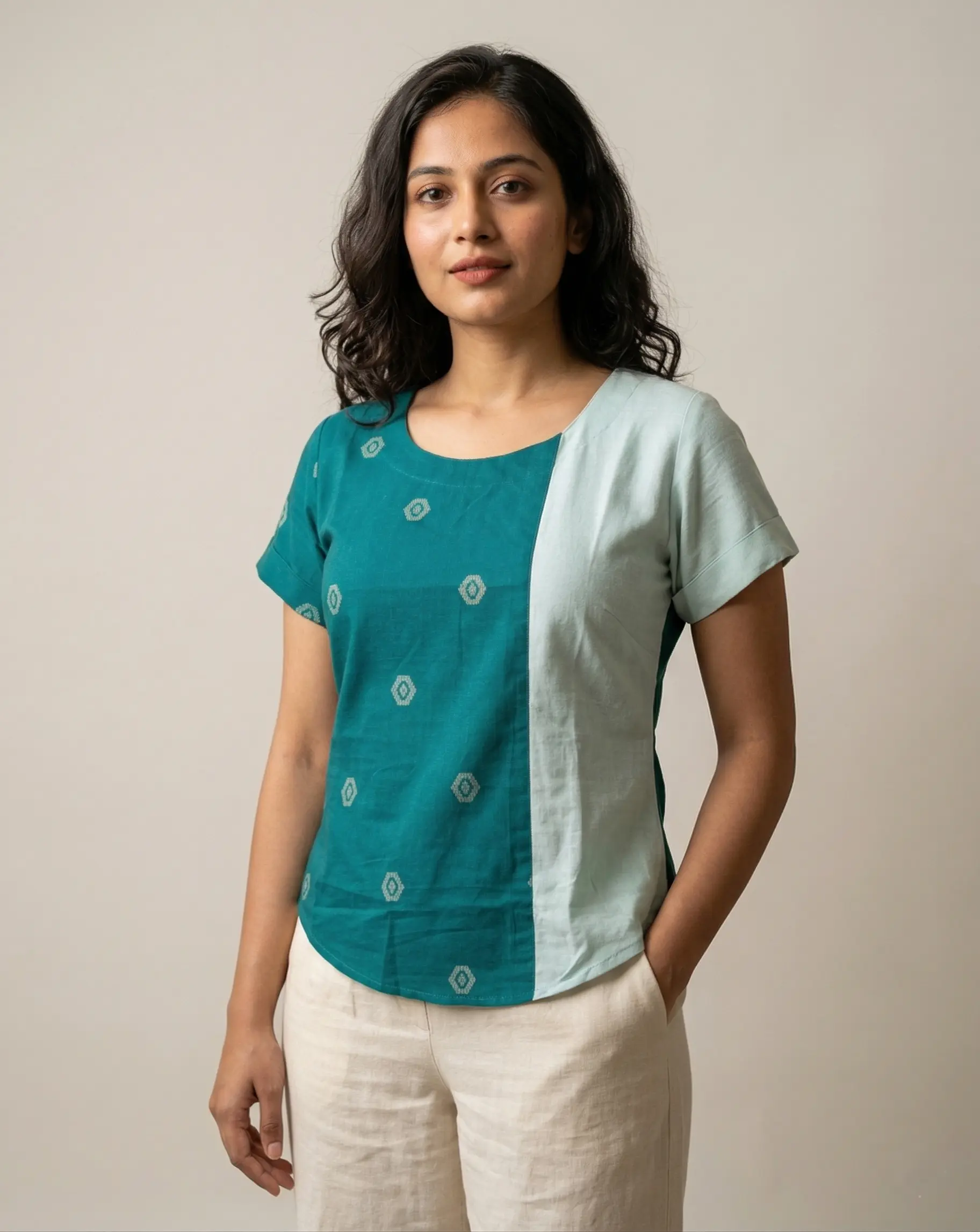 Short Cotton Ajrakh Floral Print Top for Women