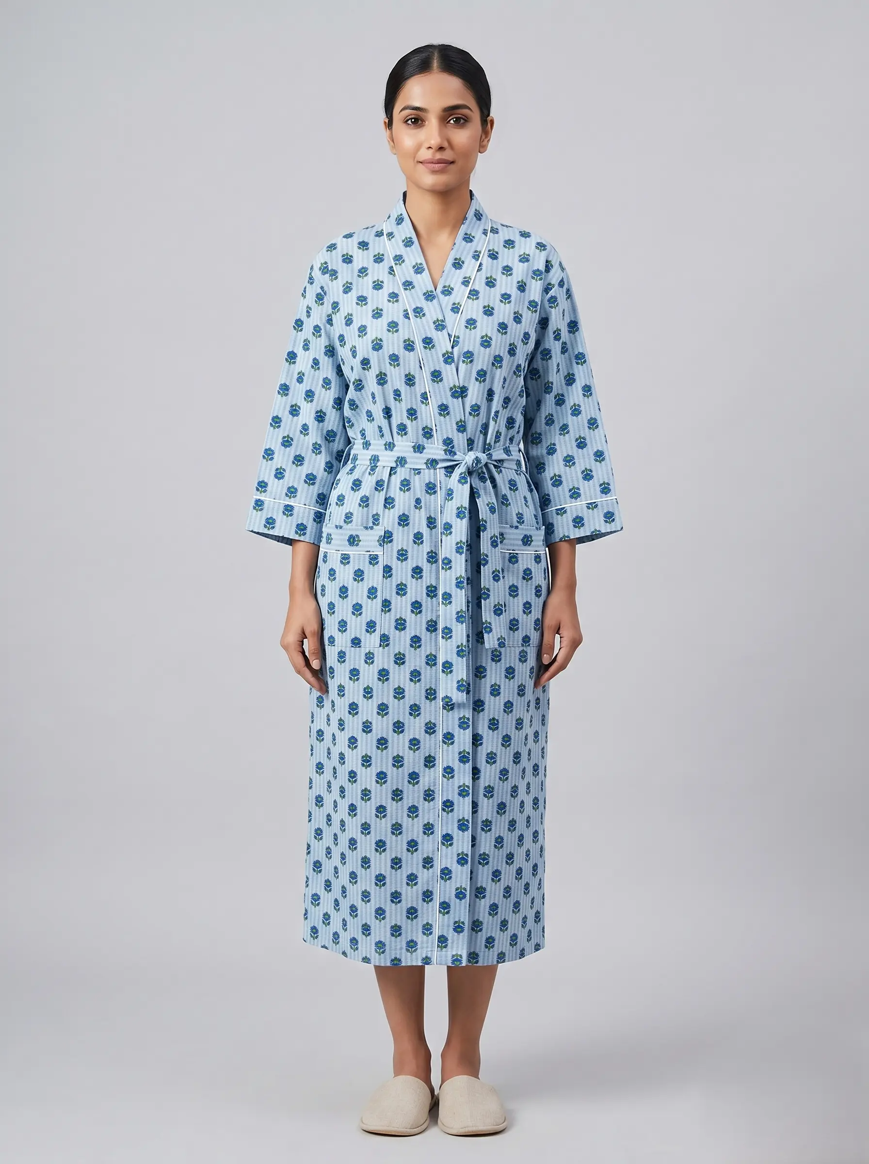 Minimal Cotton Block Print Bathrobe