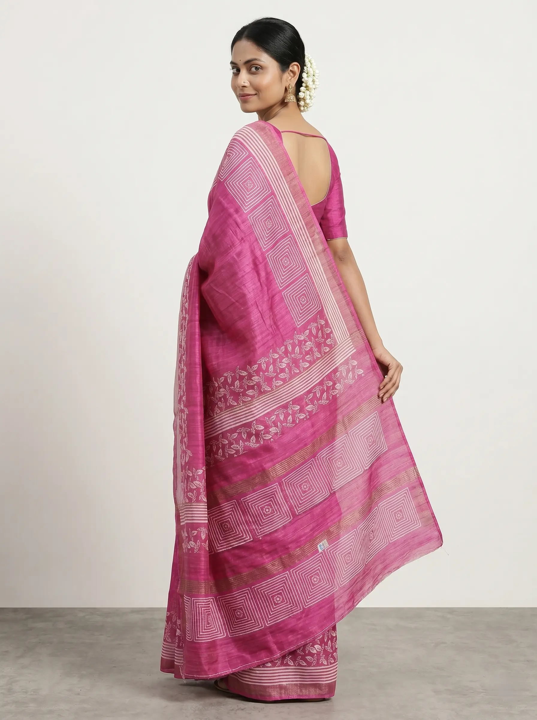 Pink Silk Saree with White Geometric & Floral Print - Image 2