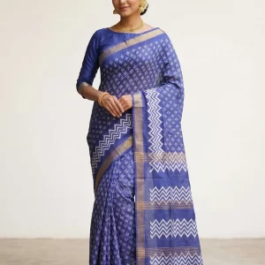 Royal Blue Silk Saree with Geometric Print & Zari Border