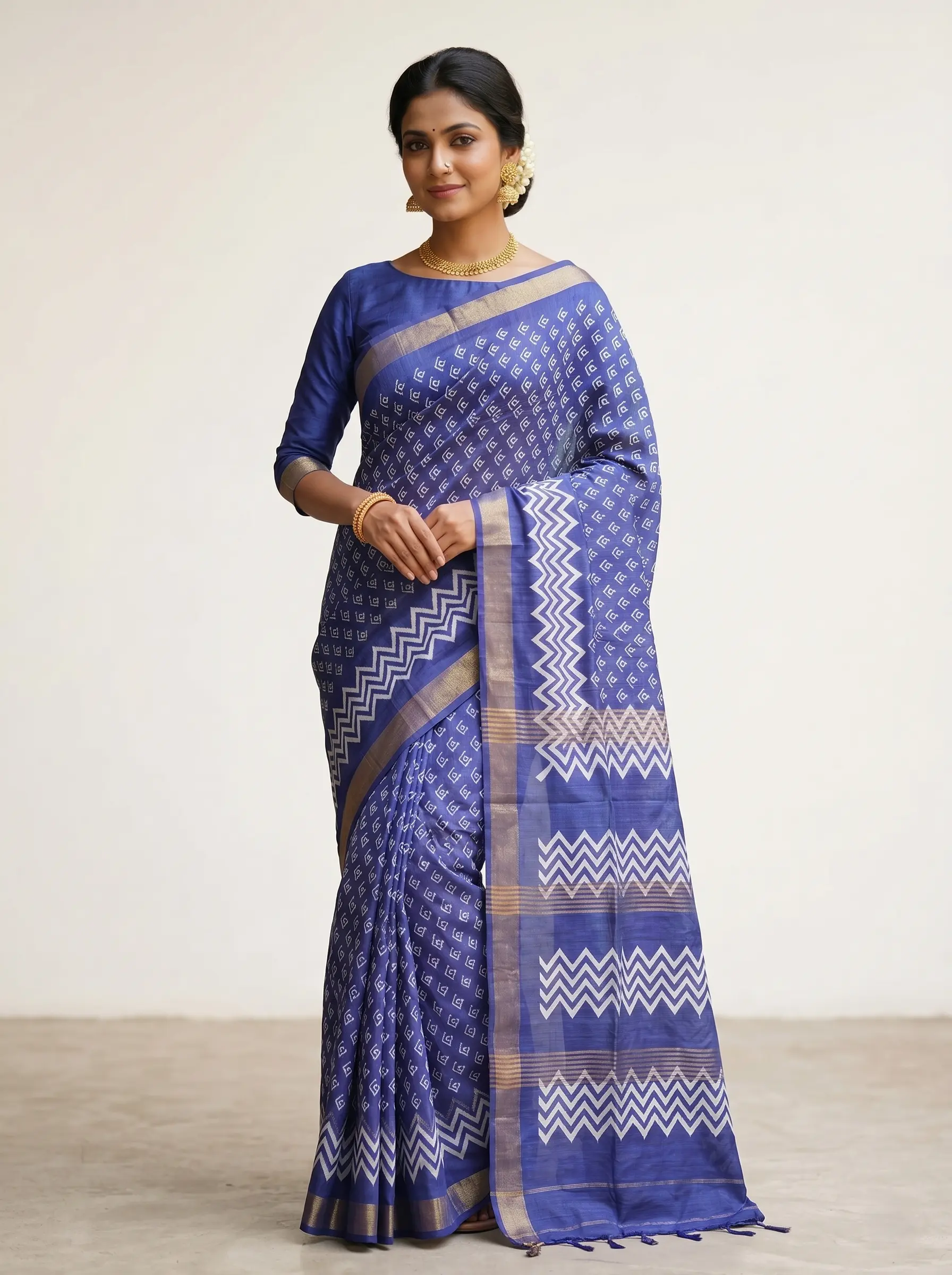 Royal Blue Silk Saree with Geometric Print & Zari Border