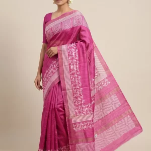 Pink Silk Saree with White Geometric & Floral Print