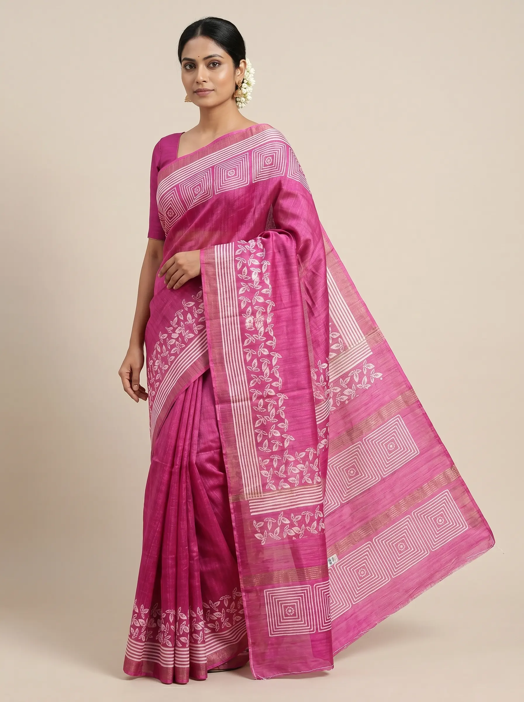 Pink Silk Saree with White Geometric & Floral Print