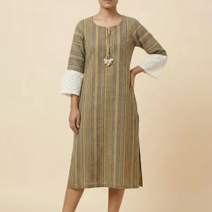 Women’s Olive Striped Cotton Straight Kurti with Eyelet Bell Sleeves