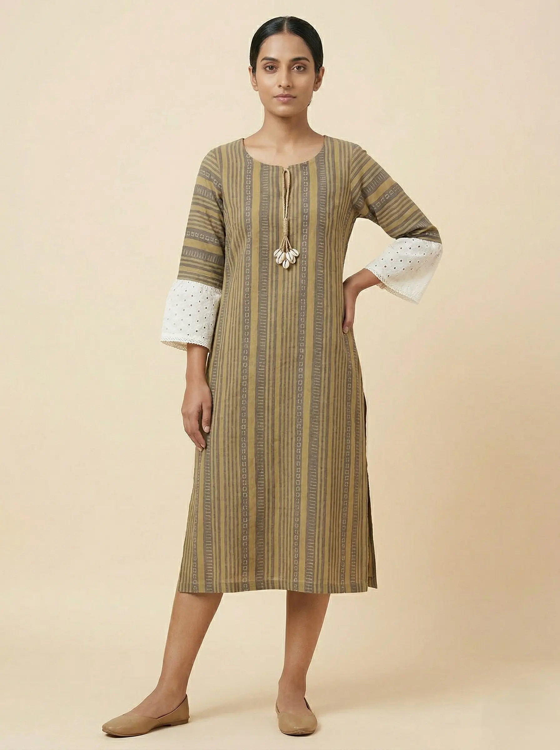 Women’s Olive Striped Cotton Straight Kurti with Eyelet Bell Sleeves