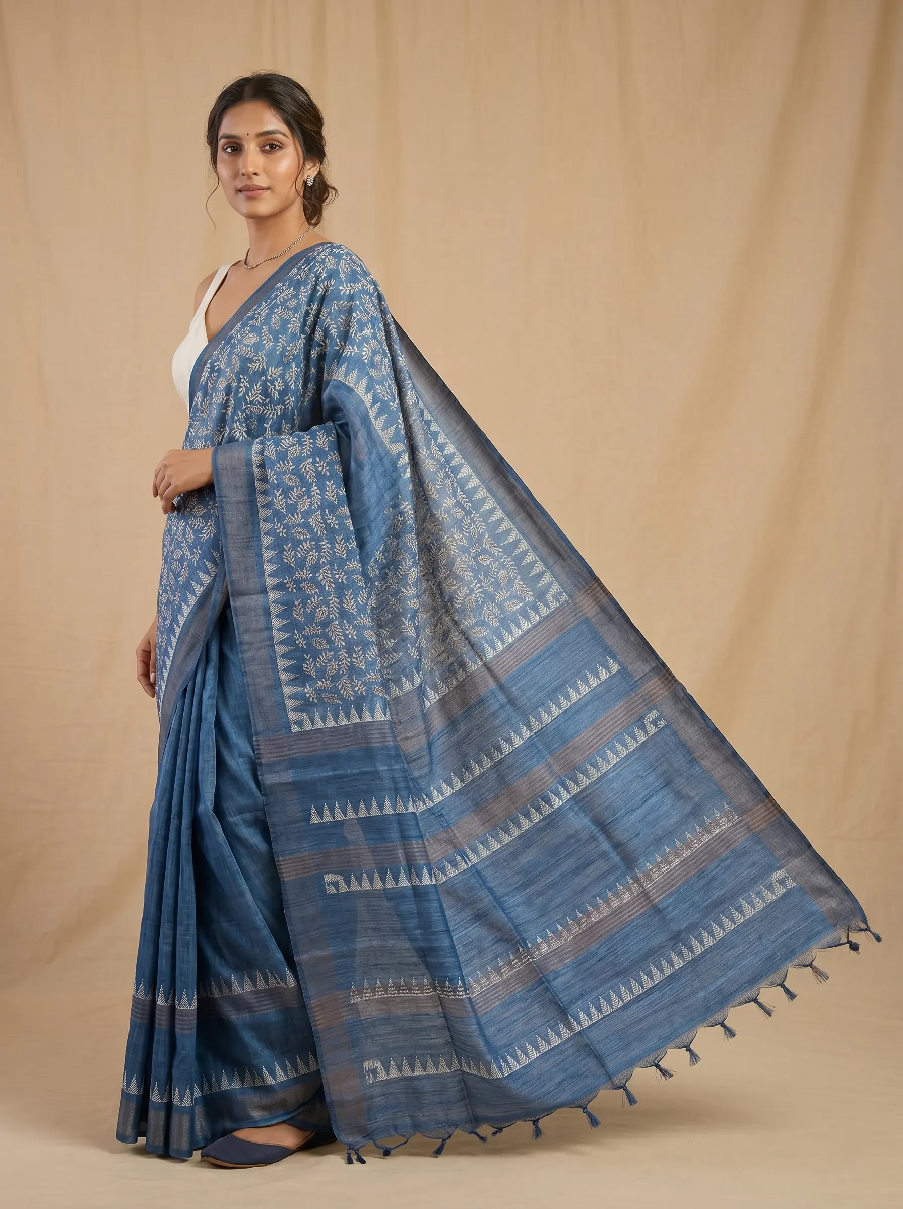Steel Blue Linen Silk Saree with White Woven Motifs & Tassel Pallu - Image 2