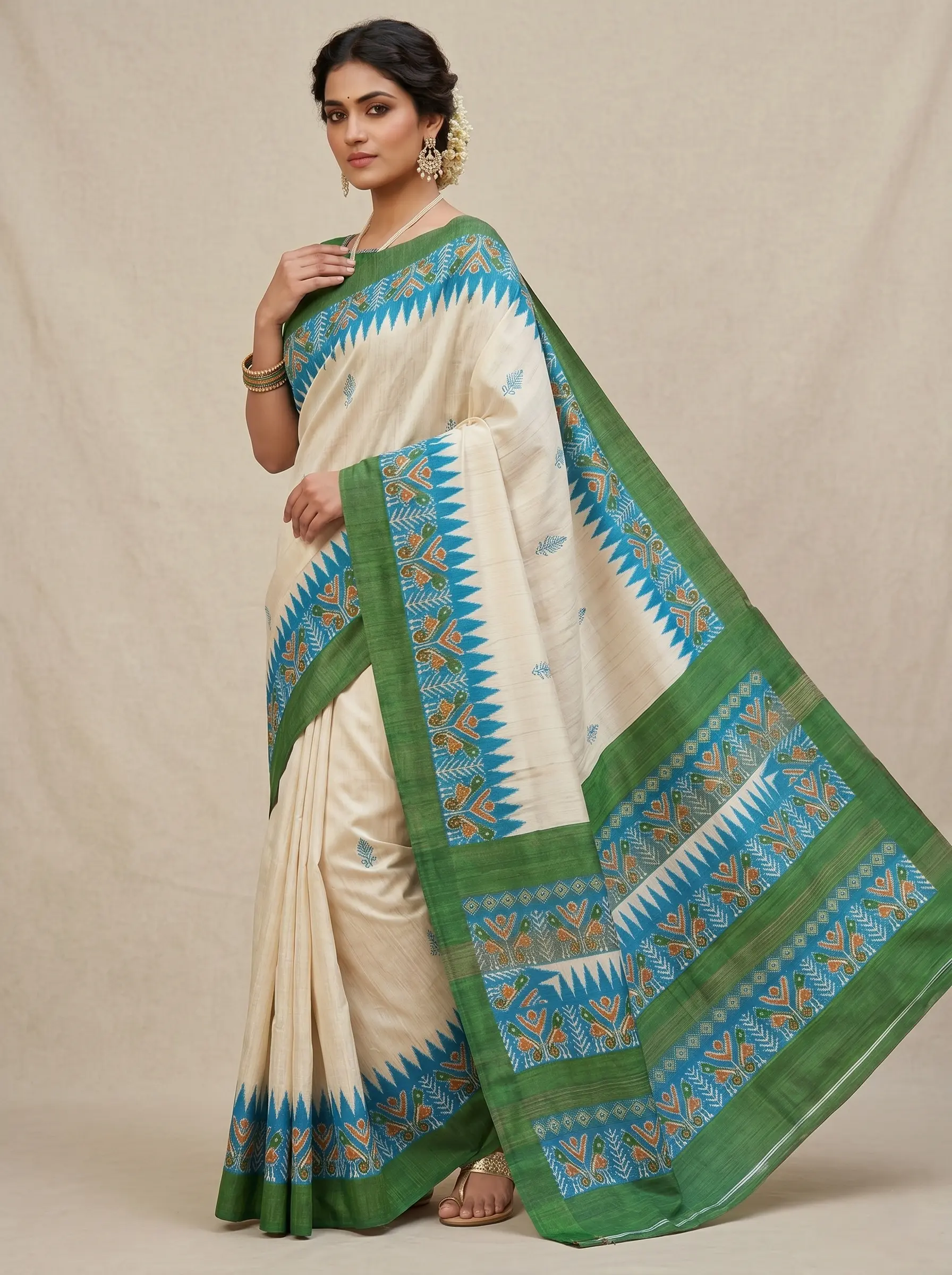 Gicha Silk Saree with Green Border - Image 2