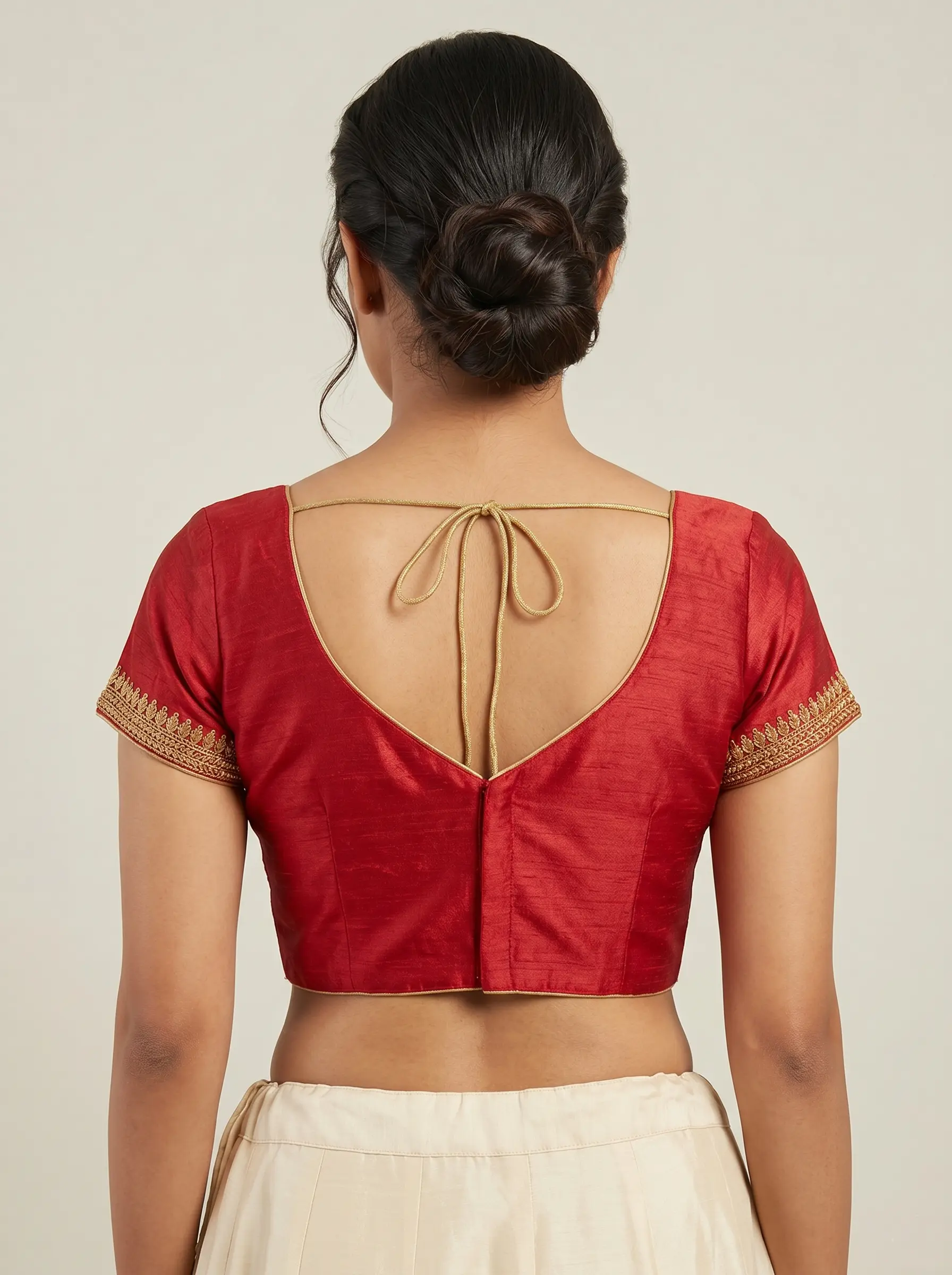 Elegant Ruby Red Silk Blouse with Gold Embellished Neckline - Image 2