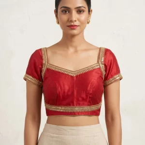 Elegant Ruby Red Silk Blouse with Gold Embellished Neckline