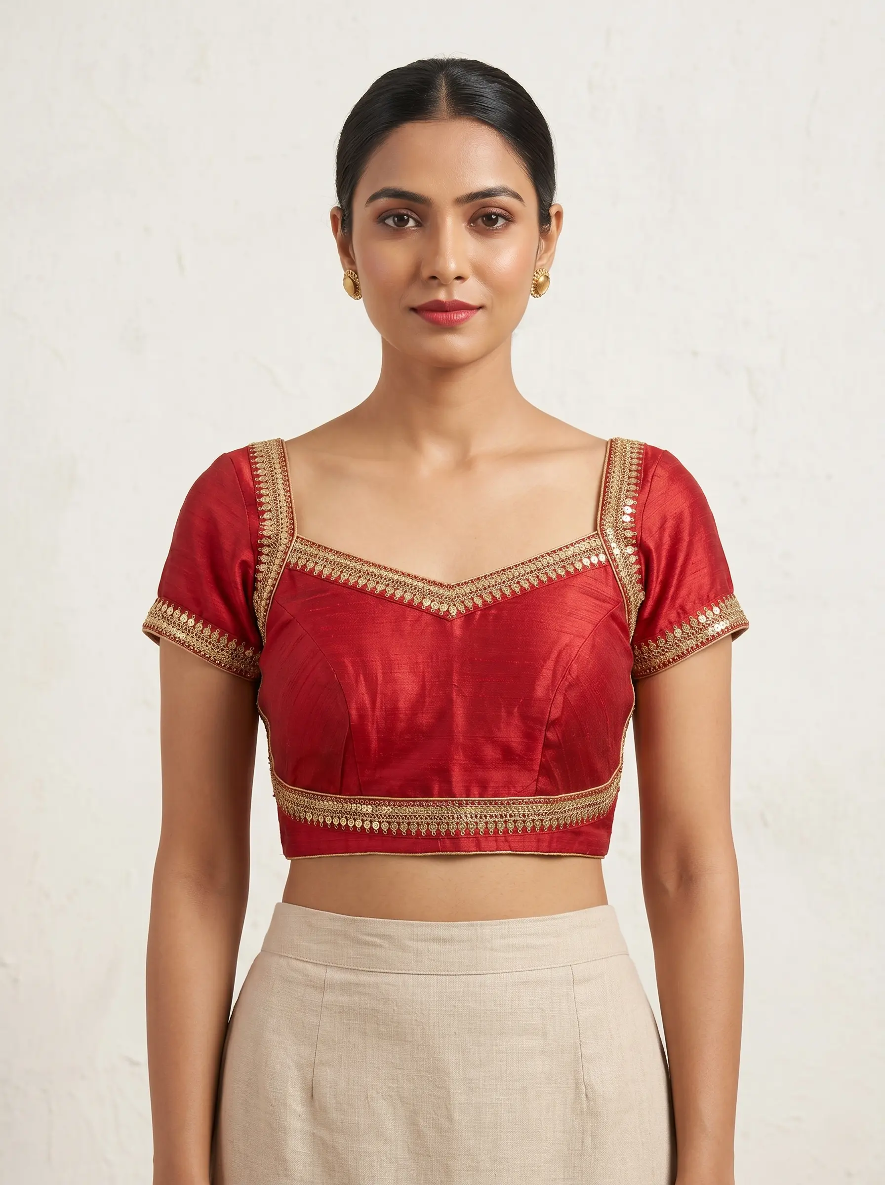 Elegant Ruby Red Silk Blouse with Gold Embellished Neckline