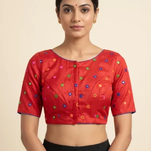 Elegant Red Silk Blouse with Multicolor Mirror Embroidery