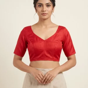 Elegant Scarlet Red Silk Blouse with Classic V-Neck