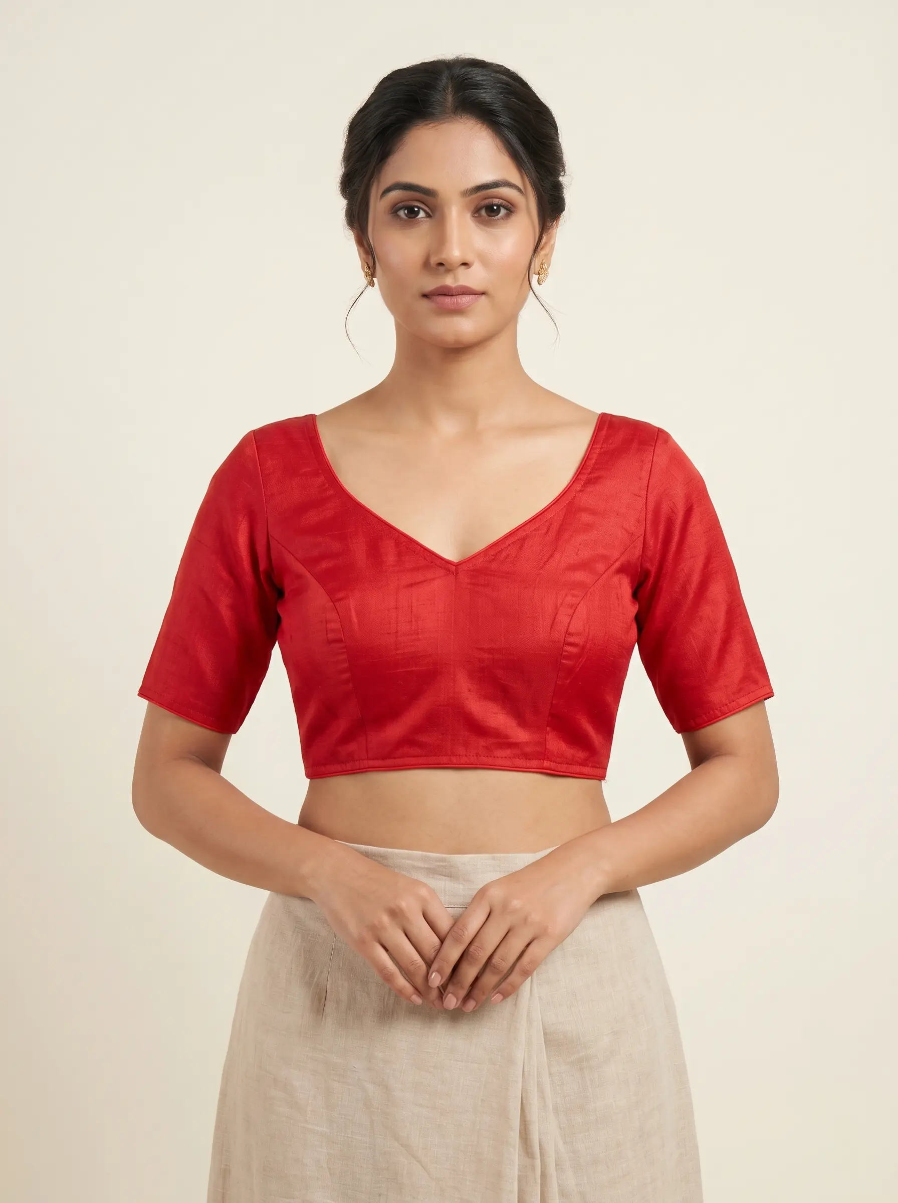 Elegant Scarlet Red Silk Blouse with Classic V-Neck