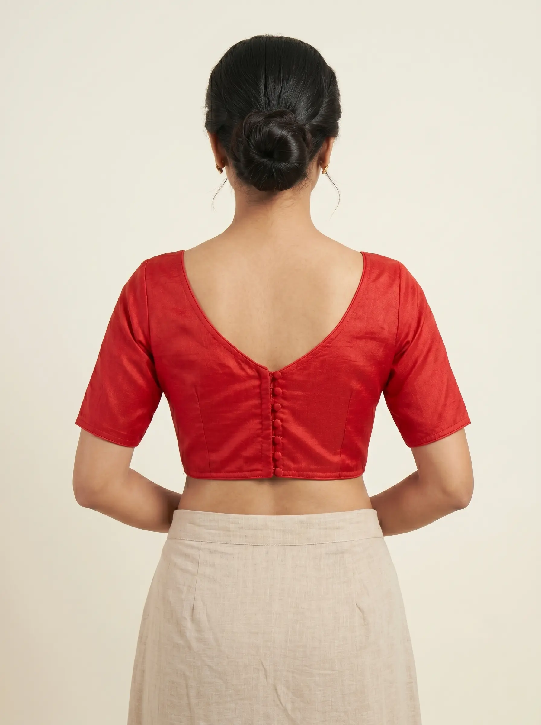 Elegant Scarlet Red Silk Blouse with Classic V-Neck - Image 2
