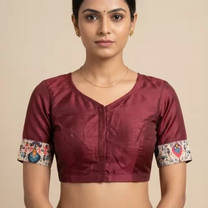 Elegant Maroon Silk Blouse with Ikat Print Detailing