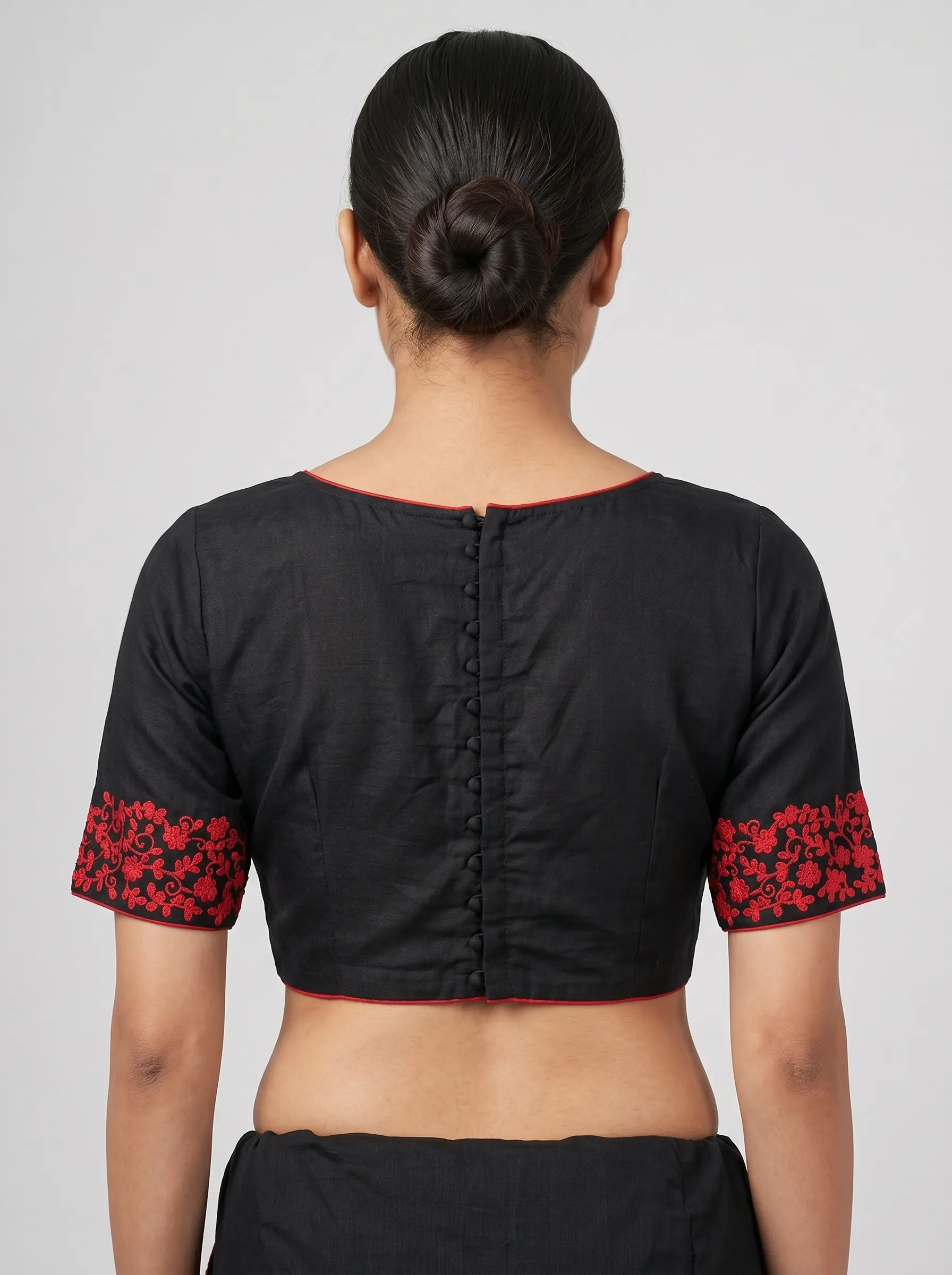 Elegant Black Silk Blouse with Red Floral Embroidery - Image 2