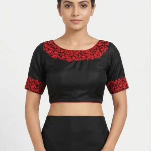 Elegant Black Silk Blouse with Red Floral Embroidery