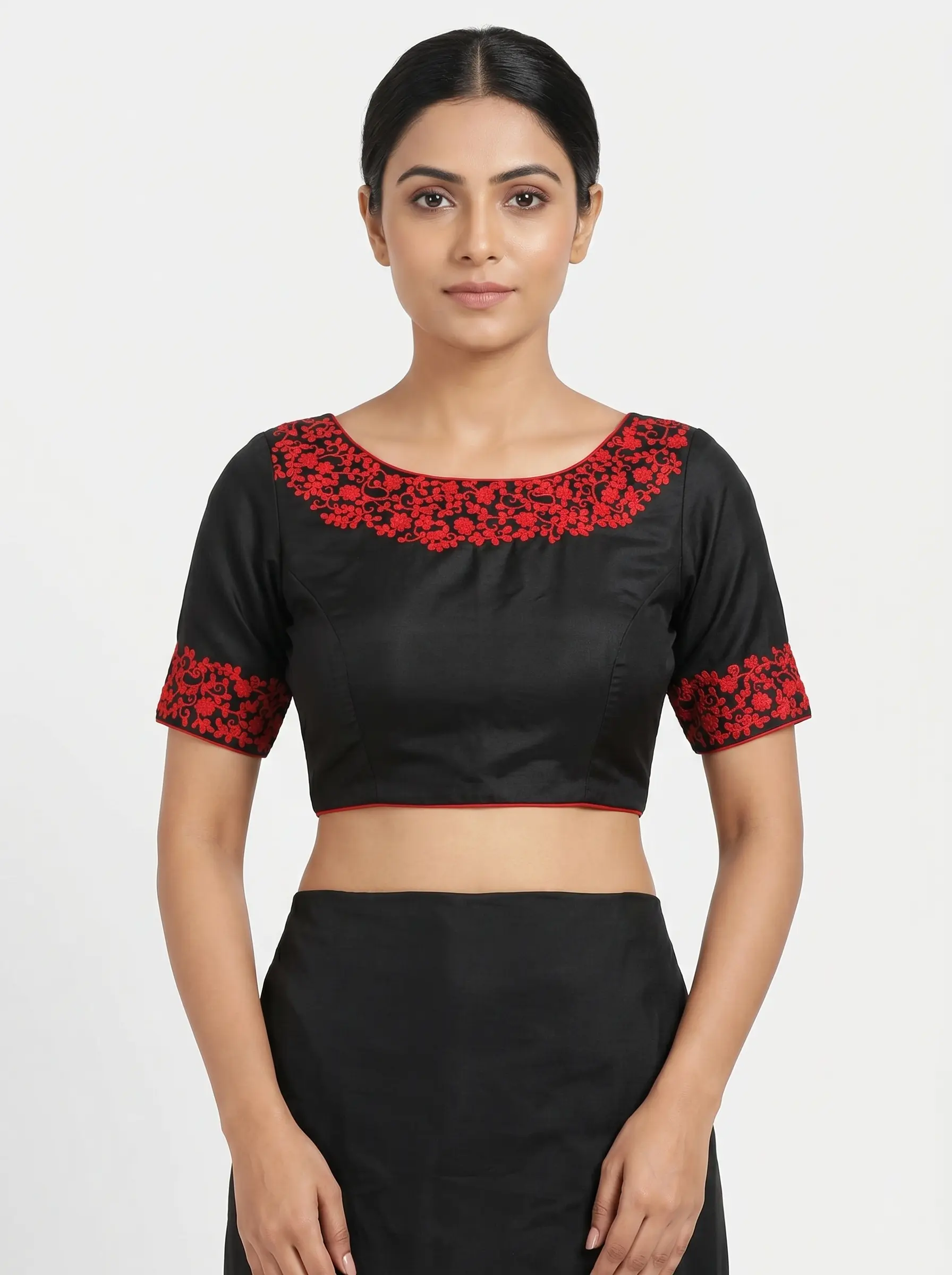 Elegant Black Silk Blouse with Red Floral Embroidery