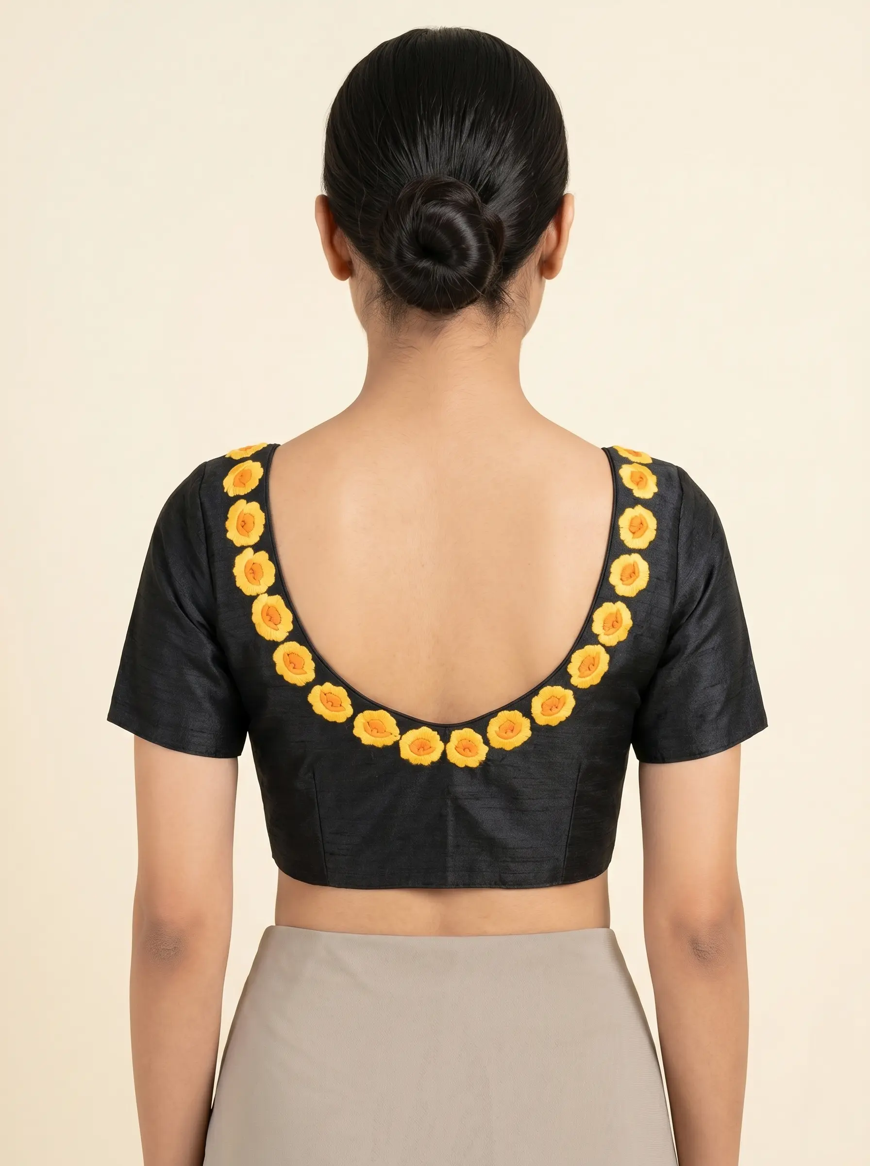 Elegant Black Silk Blouse with Floral Neck Embroidery - Image 2