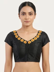 Elegant Black Silk Blouse with Floral Neck Embroidery