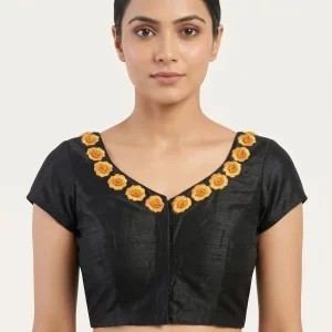Elegant Black Silk Blouse with Floral Neck Embroidery