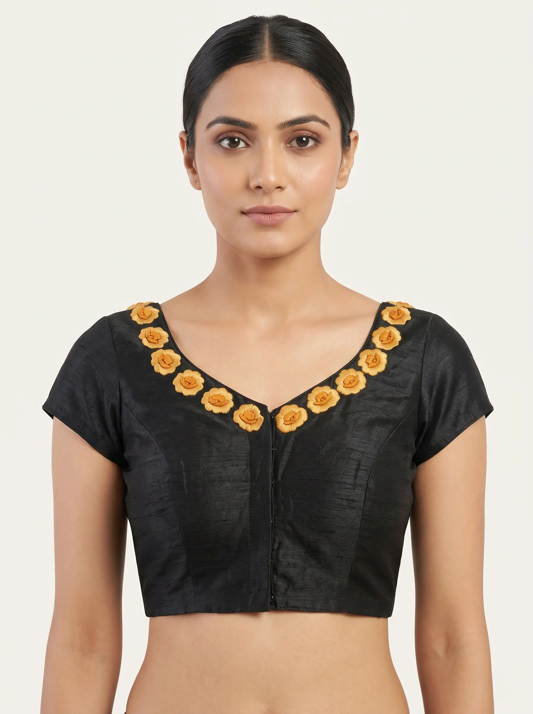 Elegant Black Silk Blouse with Floral Neck Embroidery