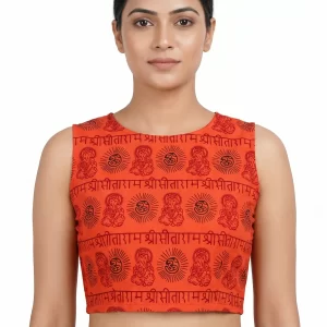 Spiritual Orange Printed Sleeveless Ethnic Blouse