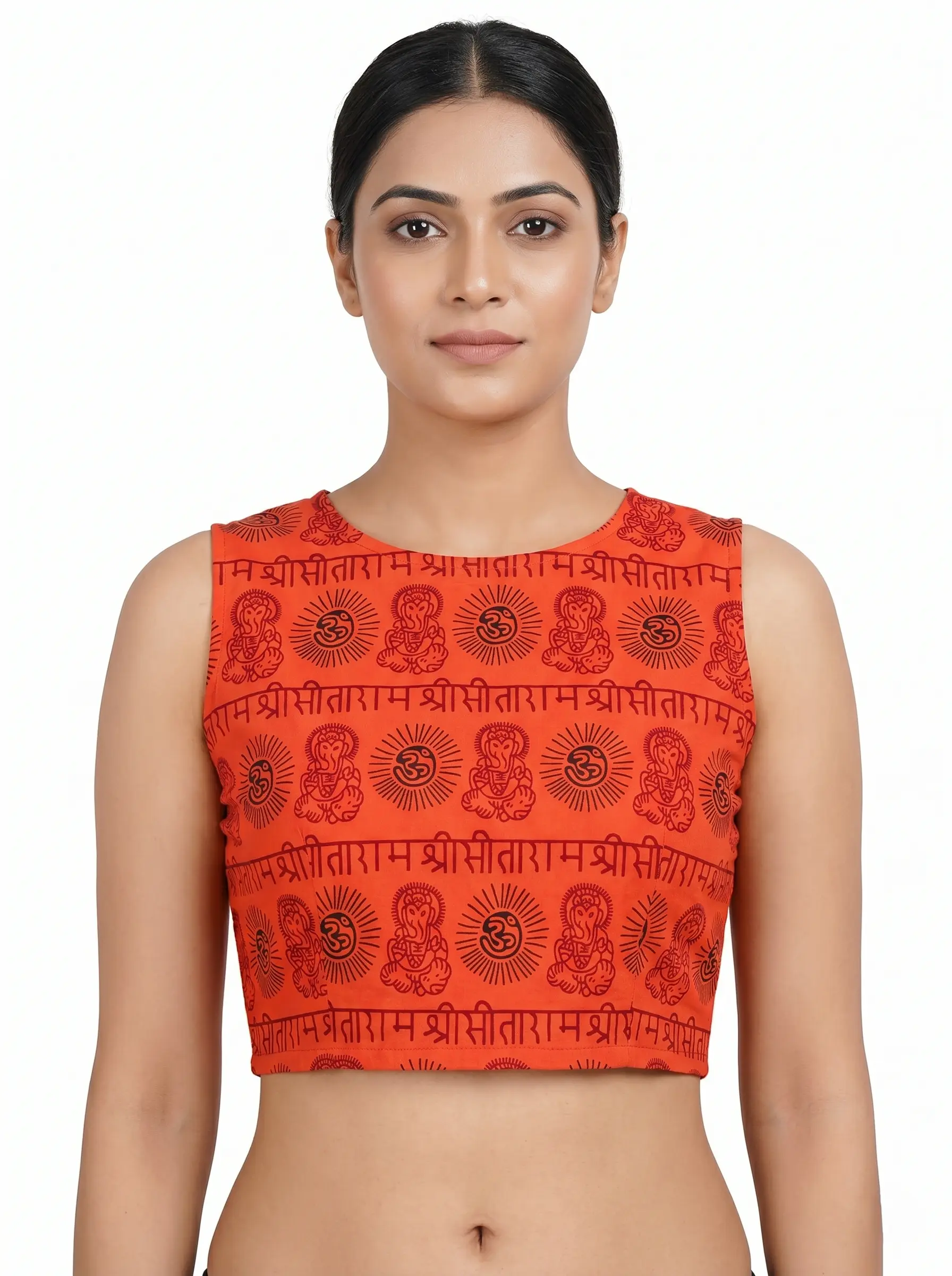 Spiritual Orange Printed Sleeveless Ethnic Blouse