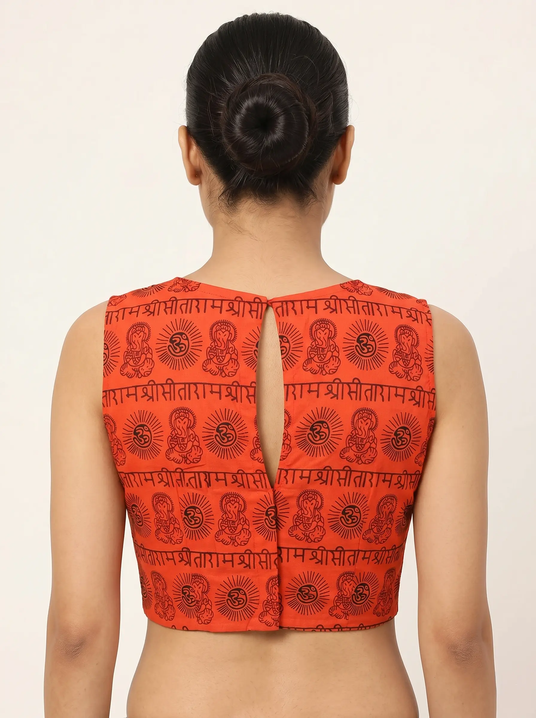 Spiritual Orange Printed Sleeveless Ethnic Blouse - Image 2