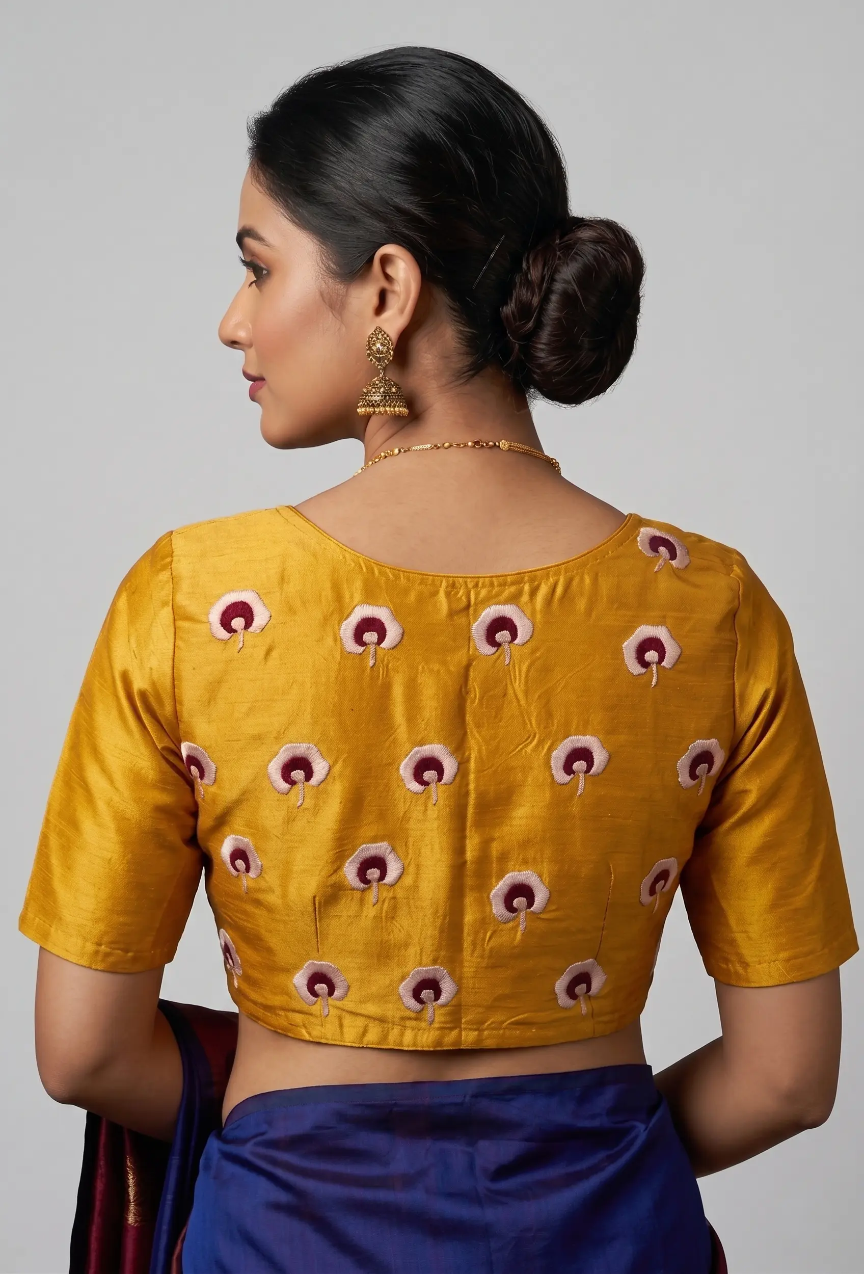 Elegant Mustard Silk Blouse with Modern Minimal Neckline - Image 2