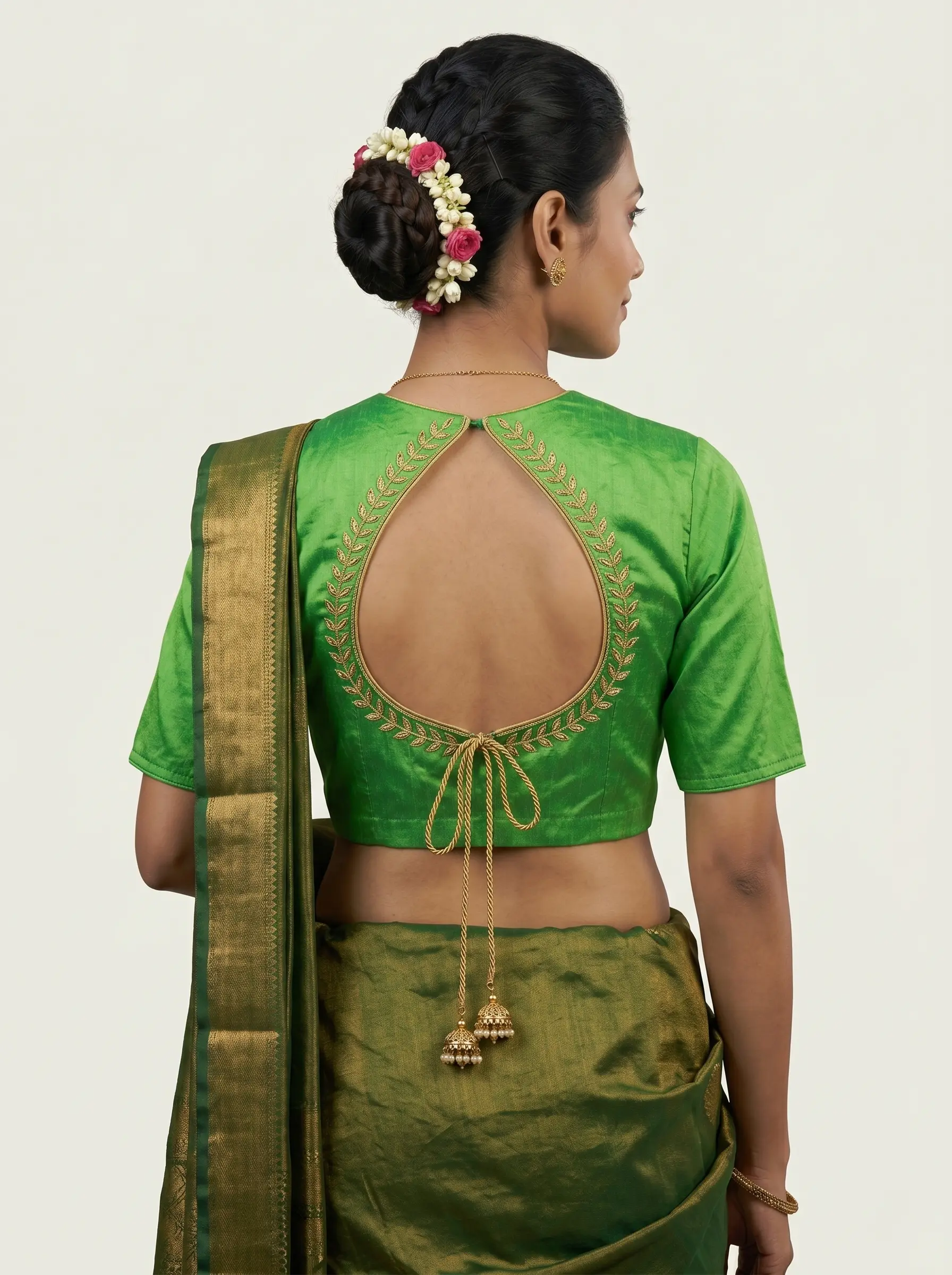 Elegant Green Silk Blouse with Minimal Mandarin Neck - Image 2