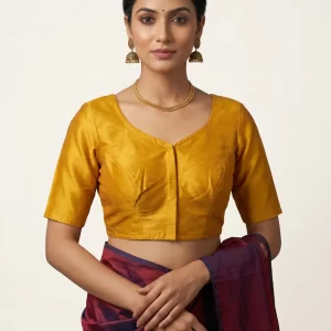 Elegant Mustard Silk Blouse with Modern Minimal Neckline