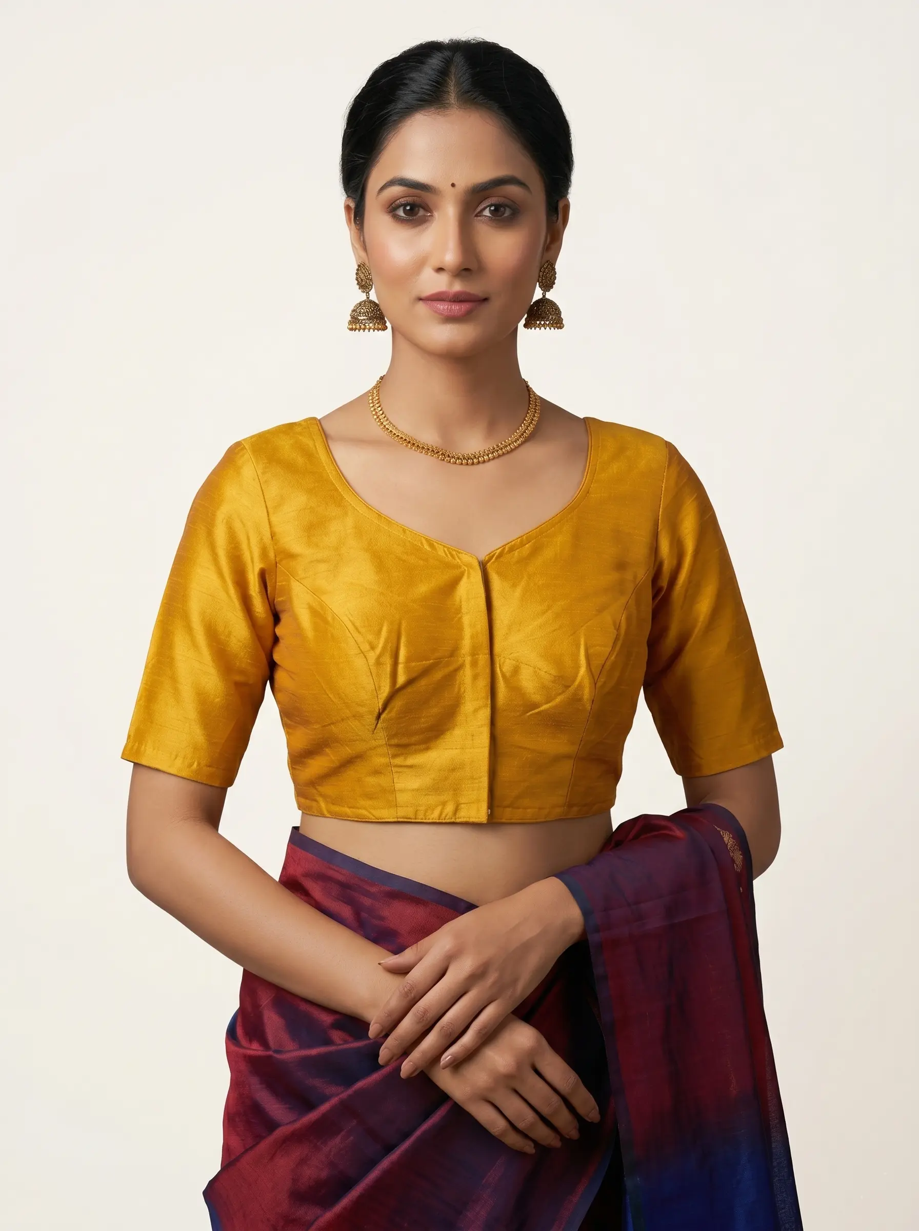 Elegant Mustard Silk Blouse with Modern Minimal Neckline