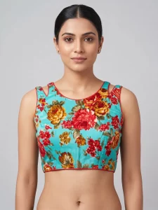 Sky Blue Floral Printed Sleeveless Blouse for Casual & Festive Sarees