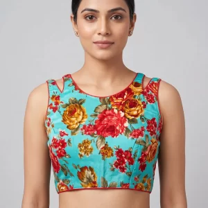 Sky Blue Floral Printed Sleeveless Blouse for Casual & Festive Sarees